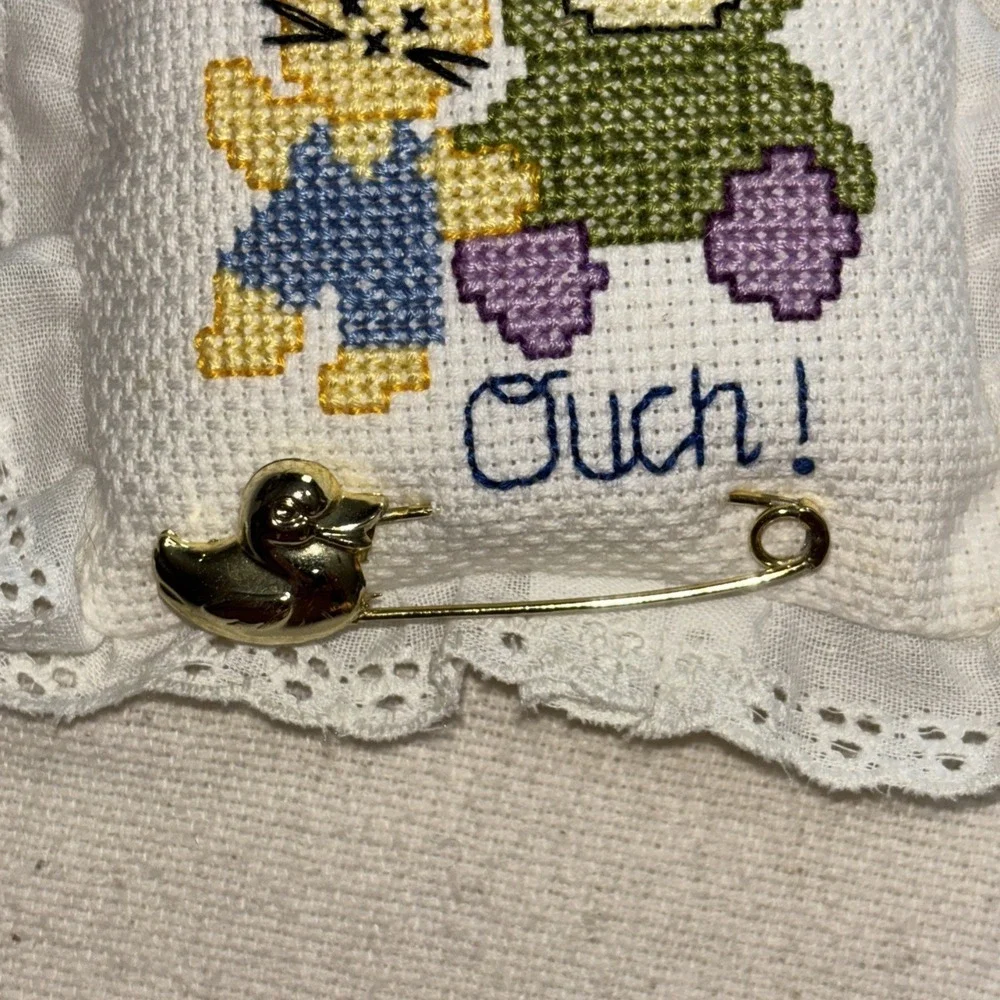 Handmade cross-stitch Pin‎ cushion Bear & Bunny 